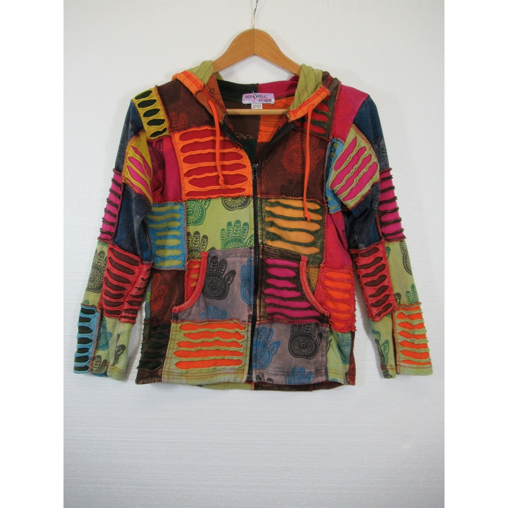 Vintage Nepal Patchwork Hoodie Women Small Full Zip Sweatshirt Hippie Elf